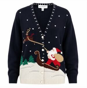 Norton McNaughton Navy Santa Sleigh Ramie Cotton Christmas Cardigan Med Novelty